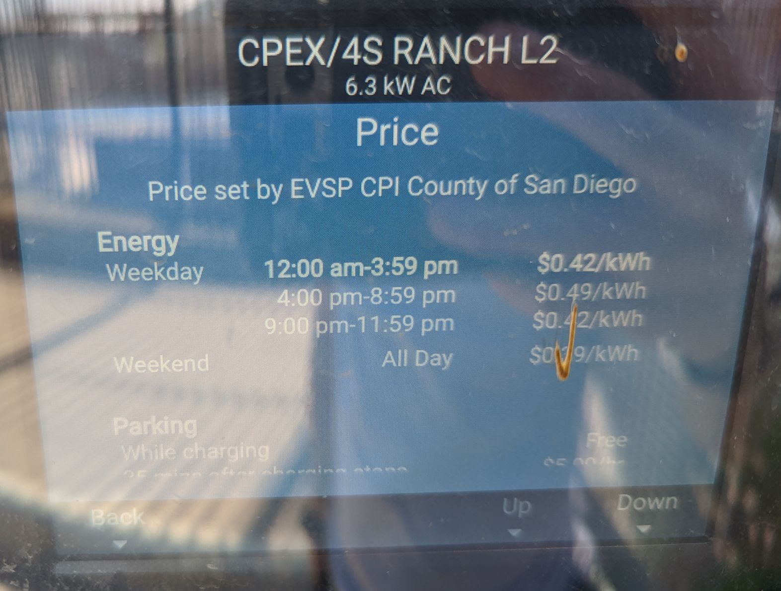 ChargePoint pricing displaying $0.42/kWh and $0.49/kWh